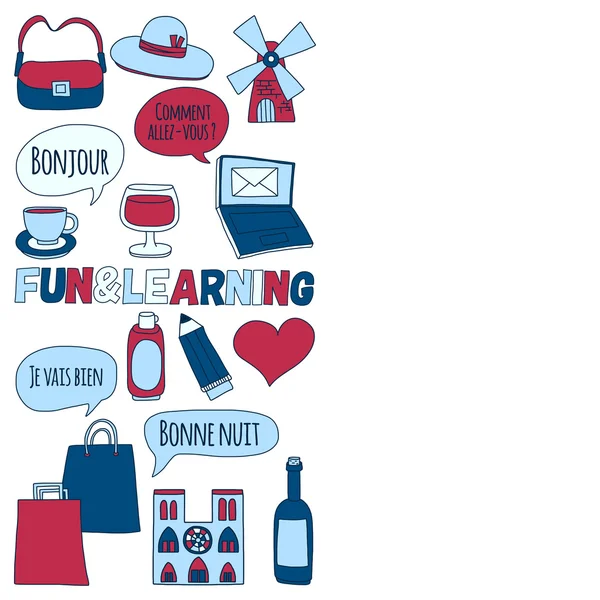 Online Fransızca kursları Dil Okulu vektör doodle simgeler kümesi