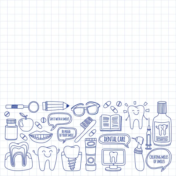 Odontología Vector doodle conjunto de iconos Cuidado dental infantil — Vector de stock