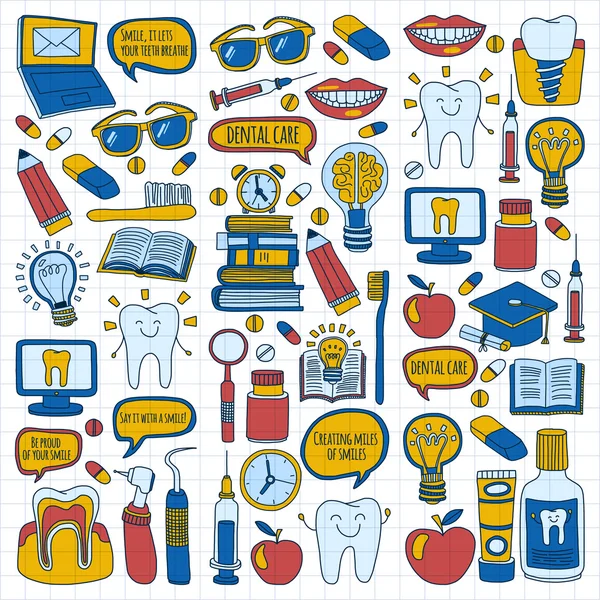 Odontología Vector doodle conjunto de iconos Cuidado dental infantil — Archivo Imágenes Vectoriales