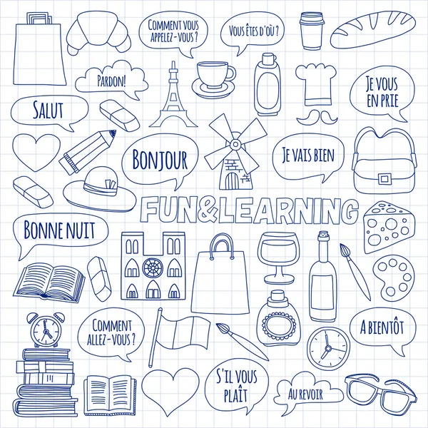 Online Frans cursussen taal school Vector set van doodle pictogrammen — Stockvector