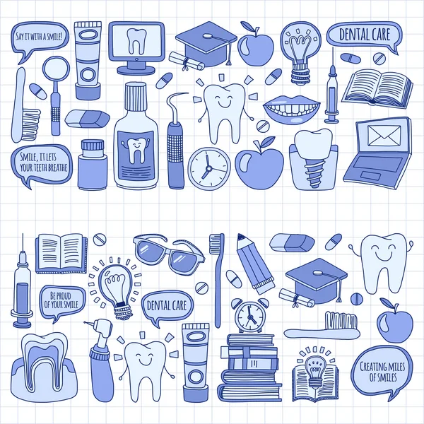 Diş Hekimliği vektör doodle simgeler çocuk diş bakımı kümesi