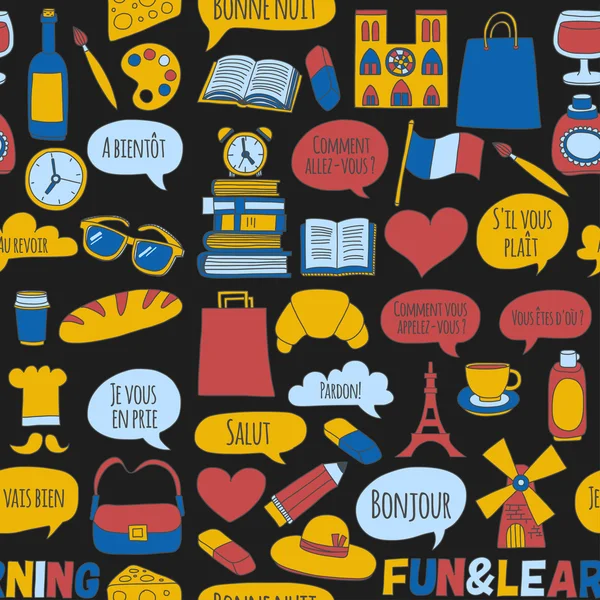Online Fransızca kursları Dil Okulu vektör doodle simgeler kümesi