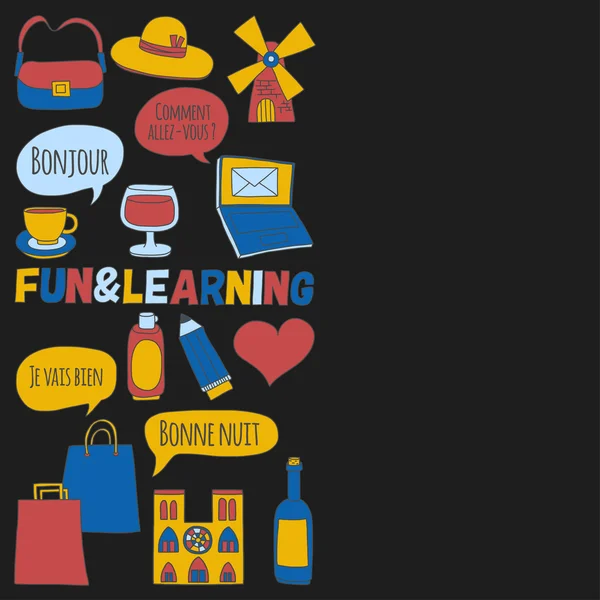 Online Fransızca kursları Dil Okulu vektör doodle simgeler kümesi
