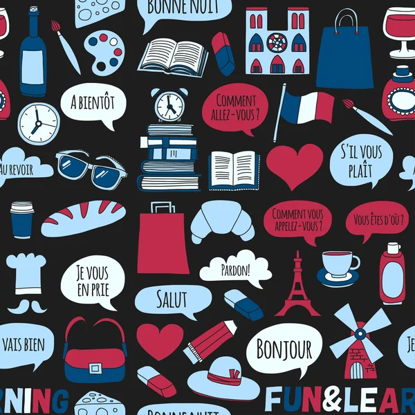 Online Fransızca kursları Dil Okulu vektör doodle simgeler kümesi