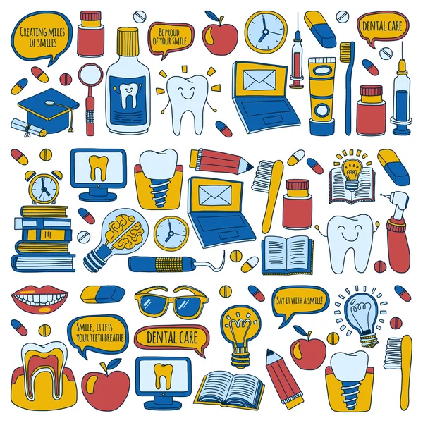Odontologia Vector doodle conjunto de ícones Crianças atendimento odontológico — Vetor de Stock