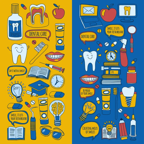 Tandheelkunde Vector doodle set pictogrammen kinderen tandheelkundige zorg — Stockvector