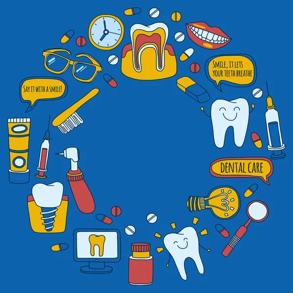 Odontologia Vector doodle conjunto de ícones Crianças atendimento odontológico — Vetor de Stock