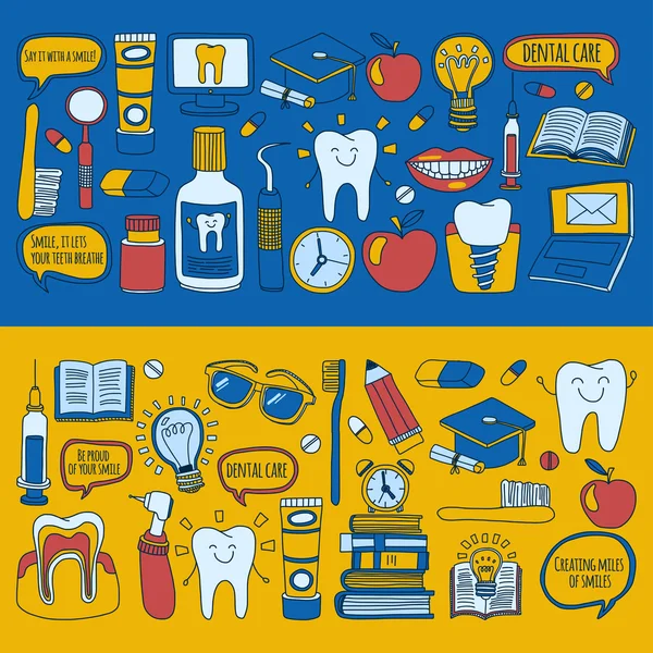 Diş Hekimliği vektör doodle simgeler çocuk diş bakımı kümesi — Stok Vektör