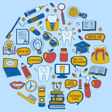 Diş Hekimliği vektör doodle simgeler çocuk diş bakımı kümesi