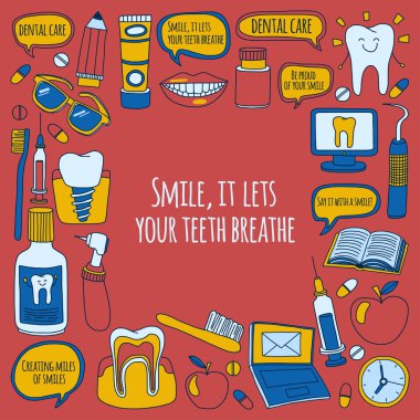 Diş Hekimliği vektör doodle simgeler çocuk diş bakımı kümesi