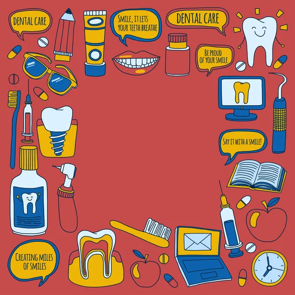 Tandvård vektor doodle uppsättning ikoner barn tandvård — Stock vektor