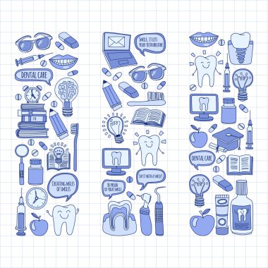Diş Hekimliği vektör doodle simgeler çocuk diş bakımı kümesi