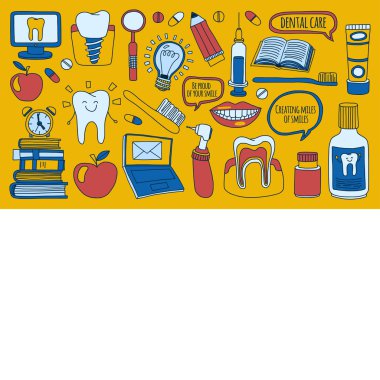 Diş Hekimliği vektör doodle simgeler çocuk diş bakımı kümesi
