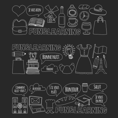 Online Fransızca kursları Dil Okulu vektör doodle simgeler kümesi