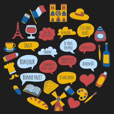Online Fransızca kursları Dil Okulu vektör doodle simgeler kümesi