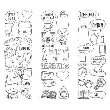 Online Fransızca kursları Dil Okulu vektör doodle simgeler kümesi