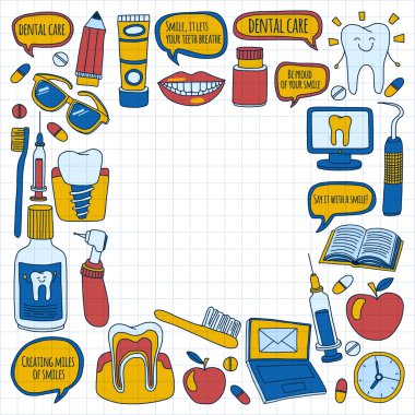 Diş Hekimliği vektör doodle simgeler çocuk diş bakımı kümesi