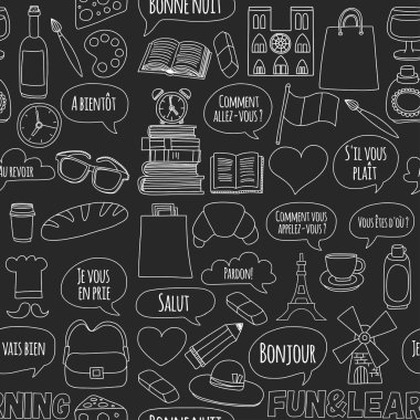 Online Fransızca kursları Dil Okulu vektör doodle simgeler kümesi
