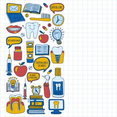 Diş Hekimliği vektör doodle simgeler çocuk diş bakımı kümesi
