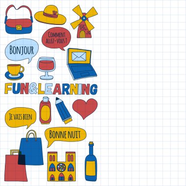 Online Fransızca kursları Dil Okulu vektör doodle simgeler kümesi