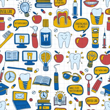 Diş Hekimliği vektör doodle simgeler çocuk diş bakımı kümesi