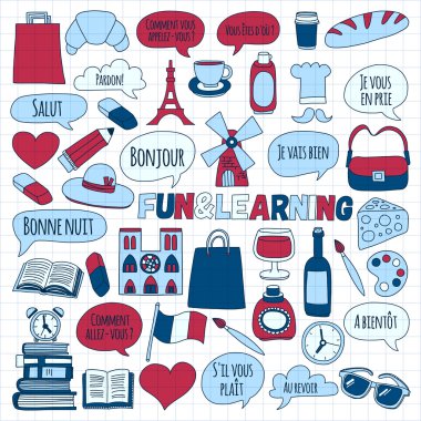 Online french courses Language school Vector set of doodle icons vector