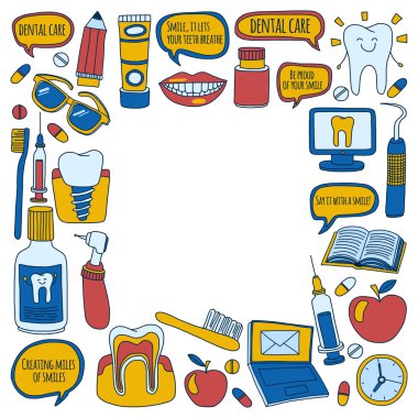 Diş Hekimliği vektör doodle simgeler çocuk diş bakımı kümesi