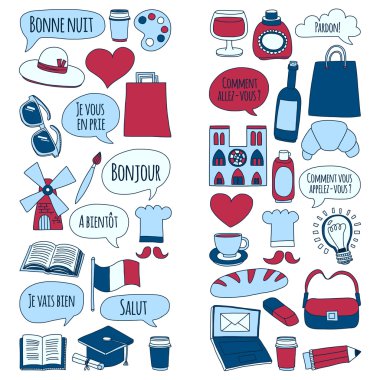 Online Fransızca kursları Dil Okulu vektör doodle simgeler kümesi