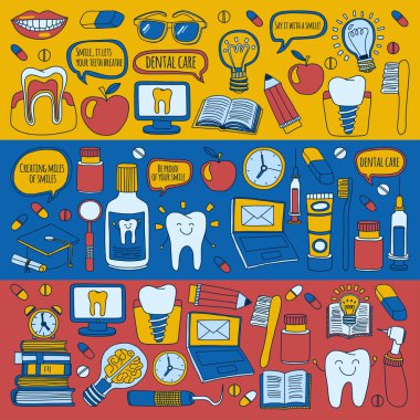 Diş Hekimliği vektör doodle simgeler çocuk diş bakımı kümesi