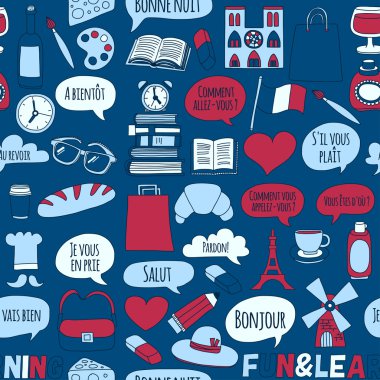 Online Fransızca kursları Dil Okulu vektör doodle simgeler kümesi