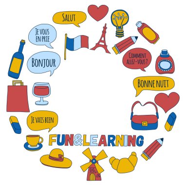 Online french courses Language school Vector set of doodle icons vector