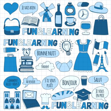 Online Fransızca kursları Dil Okulu vektör doodle simgeler kümesi