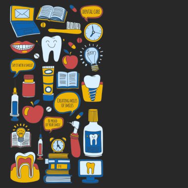 Diş Hekimliği vektör doodle simgeler çocuk diş bakımı kümesi