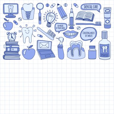 Diş Hekimliği vektör doodle simgeler çocuk diş bakımı kümesi