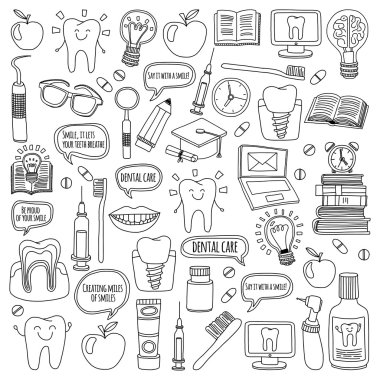 Diş Hekimliği vektör doodle simgeler çocuk diş bakımı kümesi