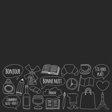 Online Fransızca kursları Dil Okulu vektör doodle simgeler kümesi