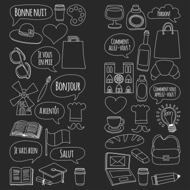 Online Fransızca kursları Dil Okulu vektör doodle simgeler kümesi