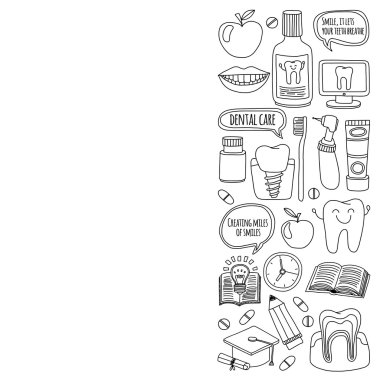 Diş Hekimliği vektör doodle simgeler çocuk diş bakımı kümesi