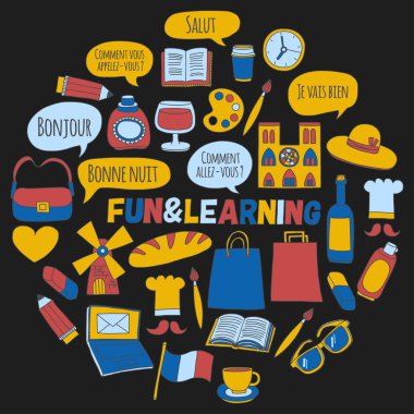 Online Fransızca kursları Dil Okulu vektör doodle simgeler kümesi