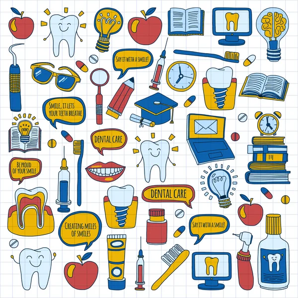 Odontología Vector doodle conjunto de iconos Cuidado dental infantil — Vector de stock