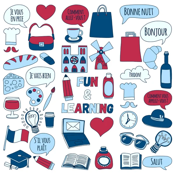 Cursos de francés en línea Language school Vector set of doodle icons — Archivo Imágenes Vectoriales