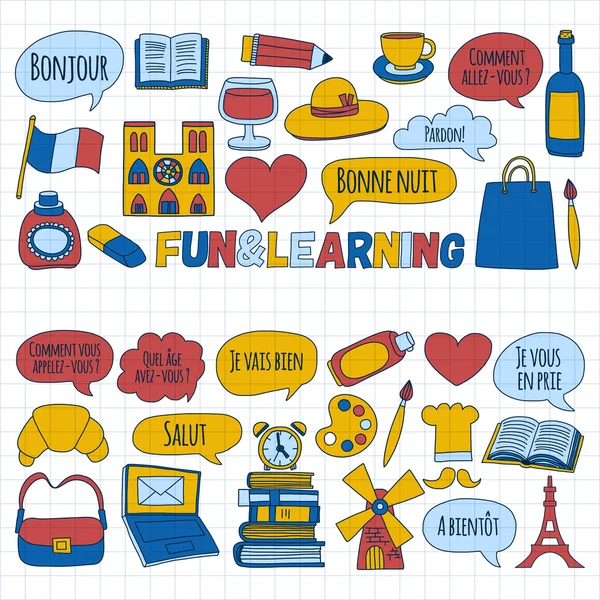 Cursos de francés en línea Language school Vector set of doodle icons — Vector de stock