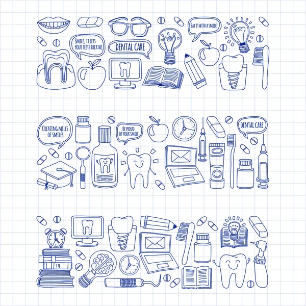 Dentistry Vector doodle set of icons Children dental care — Stock Vector