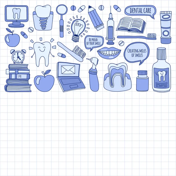 Diş Hekimliği vektör doodle simgeler çocuk diş bakımı kümesi