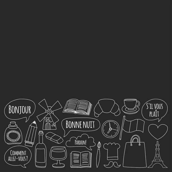 Online Fransızca kursları Dil Okulu vektör doodle simgeler kümesi