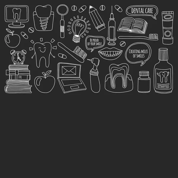 Diş Hekimliği vektör doodle simgeler çocuk diş bakımı kümesi