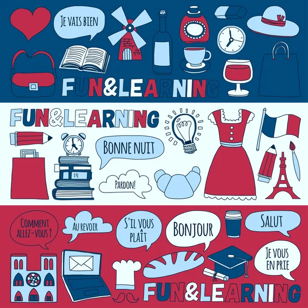 Cursos de francés en línea Language school Vector set of doodle icons — Vector de stock