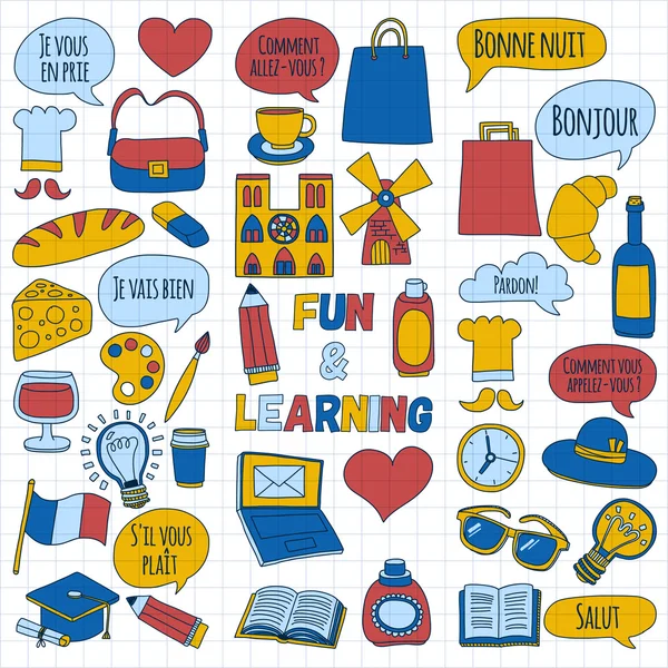 Cursos de francés en línea Language school Vector set of doodle icons — Archivo Imágenes Vectoriales