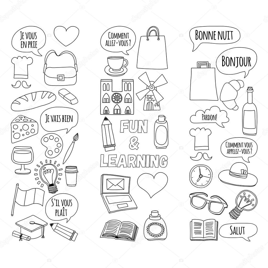 Online French Courses Language School Vector Set Of Doodle Icons Online French Courses Language School Vector Set Of Doodle Icons