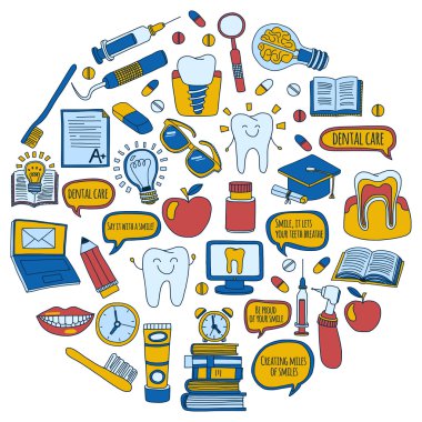 Diş Hekimliği vektör doodle simgeler çocuk diş bakımı kümesi